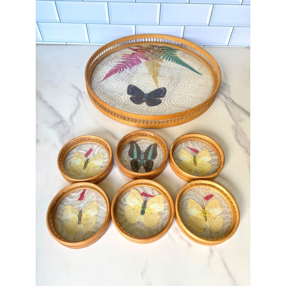 Vintage Bamboo Pressed Butterfly Coaster Set and Serving Tray‎ 7 pc Boho Decor